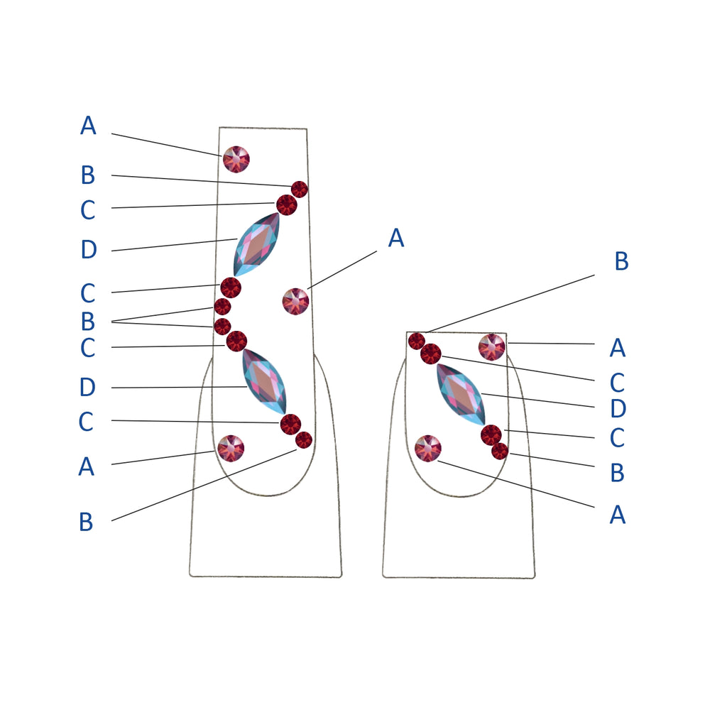 Swarovski Crystals nail art design diagram showing crystal placement for Mariah crystal nails design