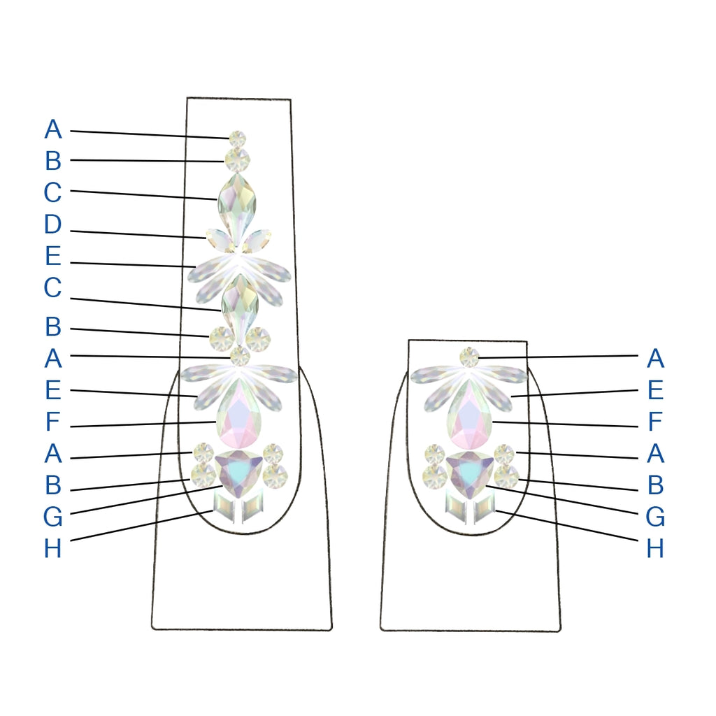 Swarovski Crystals nail art design diagram showing crystal placement for Ava crystal nails design