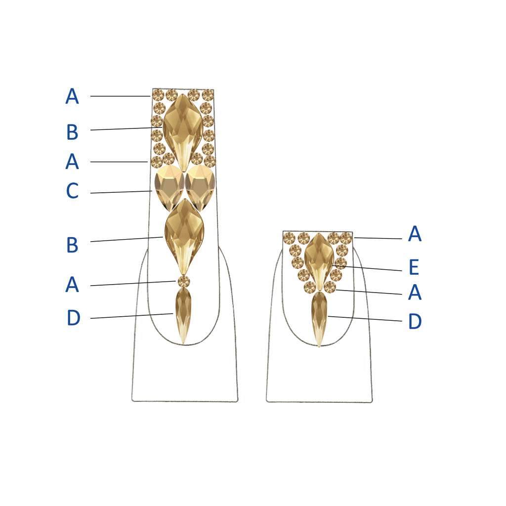 Swarovski Crystals nail art design diagram showing crystal placement for Olivia crystal nails design