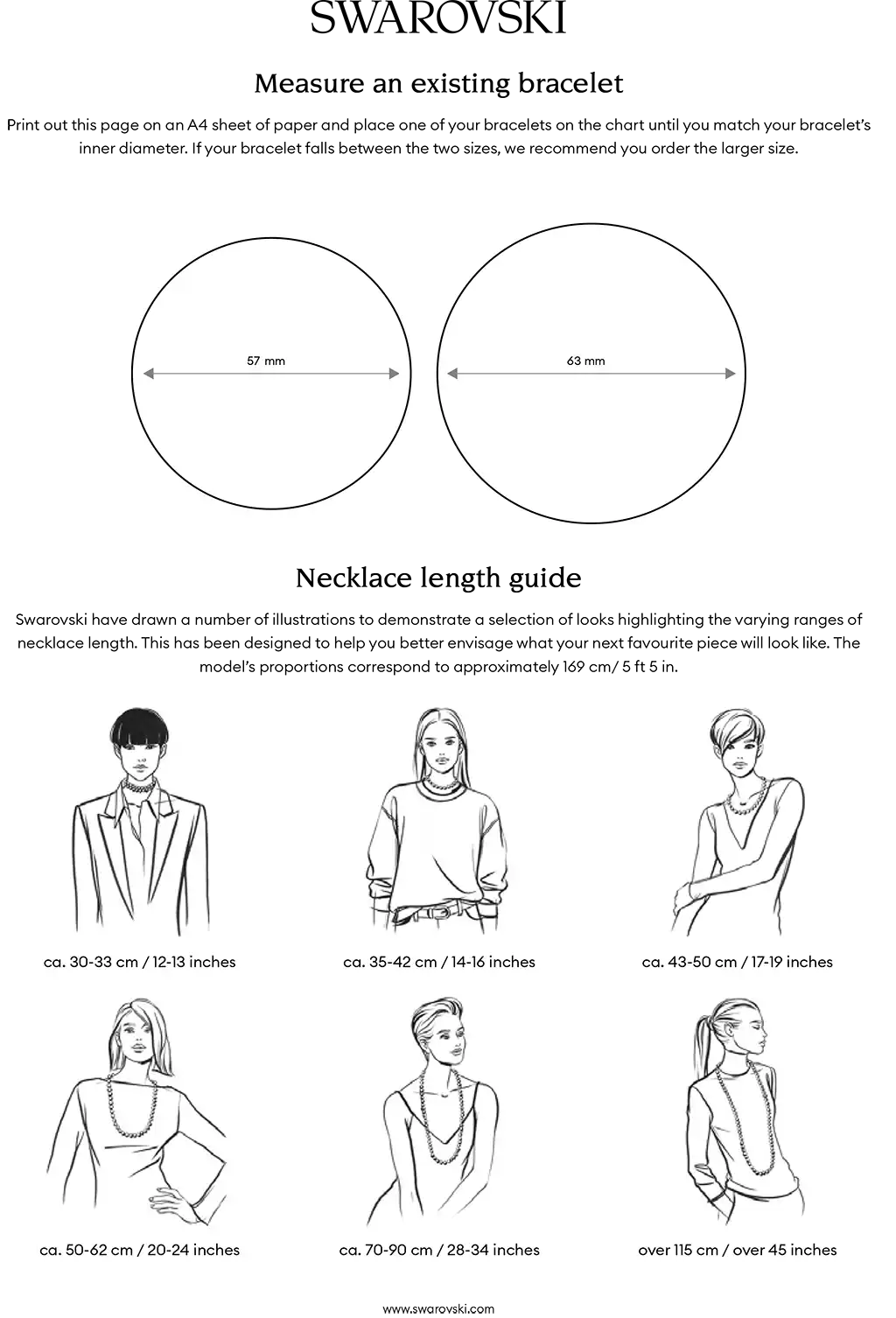 official Swarovski jewellery size chart for bracelets and necklaces