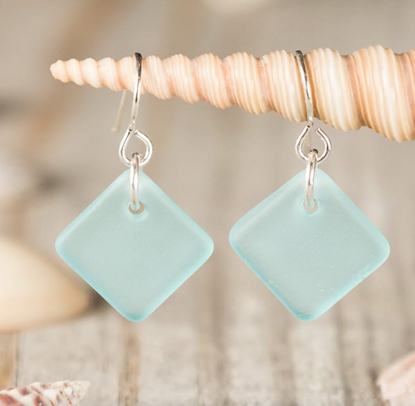 Sea Glass Delicate Diamond Earrings (Ocean) Sterling Drop Earrings by EcoSeaCo, using recycled and sustainable material. Handmade in the USA