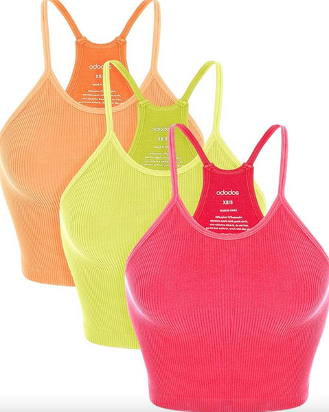 ODODOS Women's Crop 3-Pack Washed Seamless Rib-Knit Camisole Crop Tank Tops