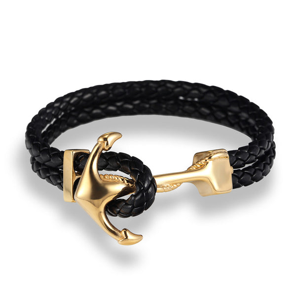 Black and Gold Mens Bracelet - Braided Leather Bracelet - Gold Anchor ...