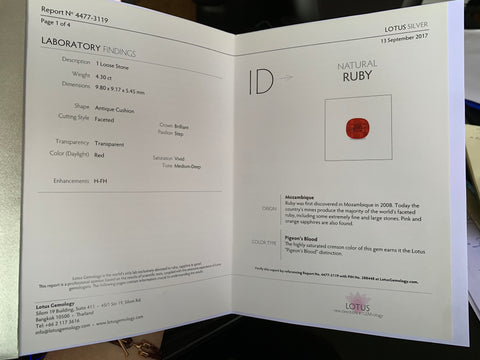 Example of Lotus Gemology report on a heat treated ruby from Karim's stock