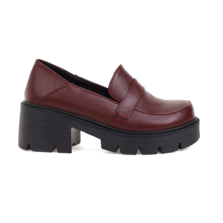 Women's Round Toe Shallow Block Chunky Heel Platform Loafers