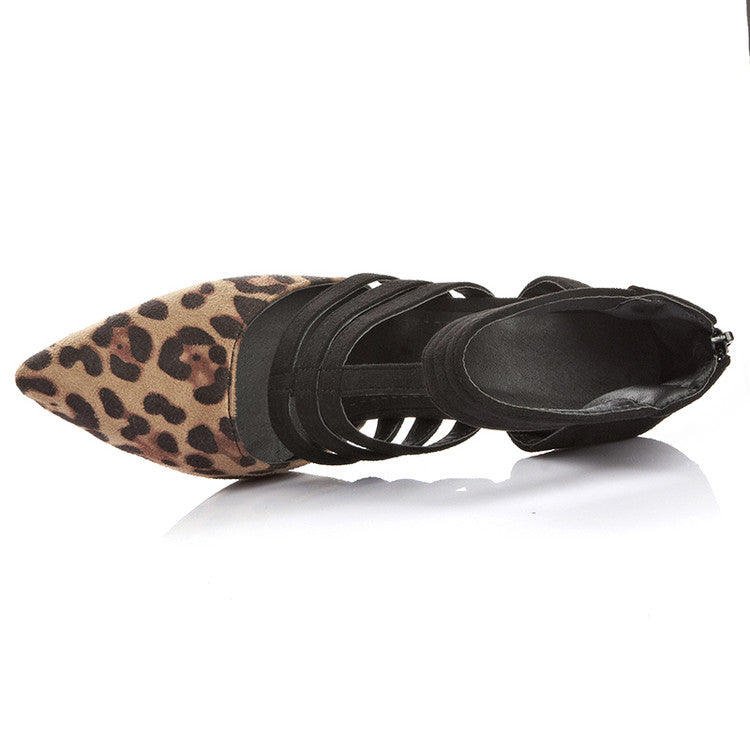 Women's Leopard Print Pointed Toe Back Zippers Stiletto Heel Gladiator Sandals