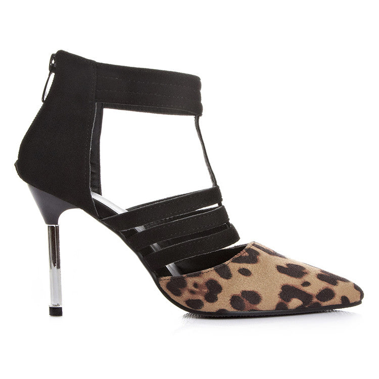 Women's Leopard Print Pointed Toe Back Zippers Stiletto Heel Gladiator Sandals