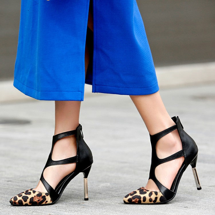 Women's Leopard Print Pointed Toe Back Zippers Stiletto Heel Sandals