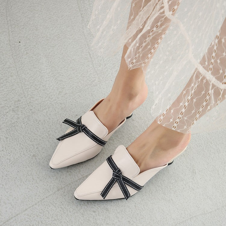 Women's Pointed Toe Bicolor Bow Tie Spool Heel Slides Slip On Sandals