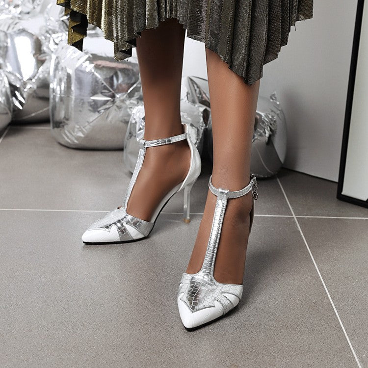 Women's Pointed Toe T Strap Bicolor Stiletto Heel Sandals