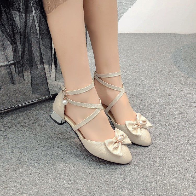 Women's Pearls Bow Tie Ankle Strap Block Chunky Heel Sandals