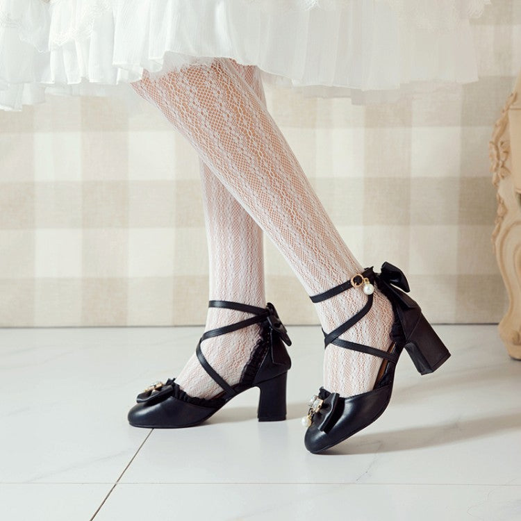 Women's Pearls Rhinestone Bow Tie Ankle Strap Block Chunky Heel Sandals