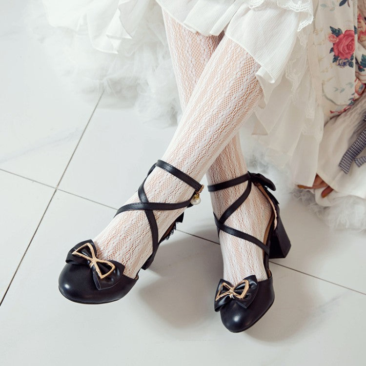 Women's Pearls Sequins Bow Tie Ankle Strap Block Chunky Heel Sandals