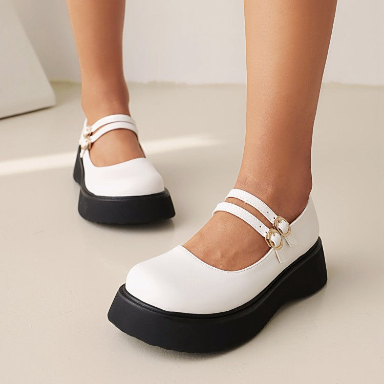 Women's Round Toe Mary Janes Buckle Straps Flat Platform Pumps