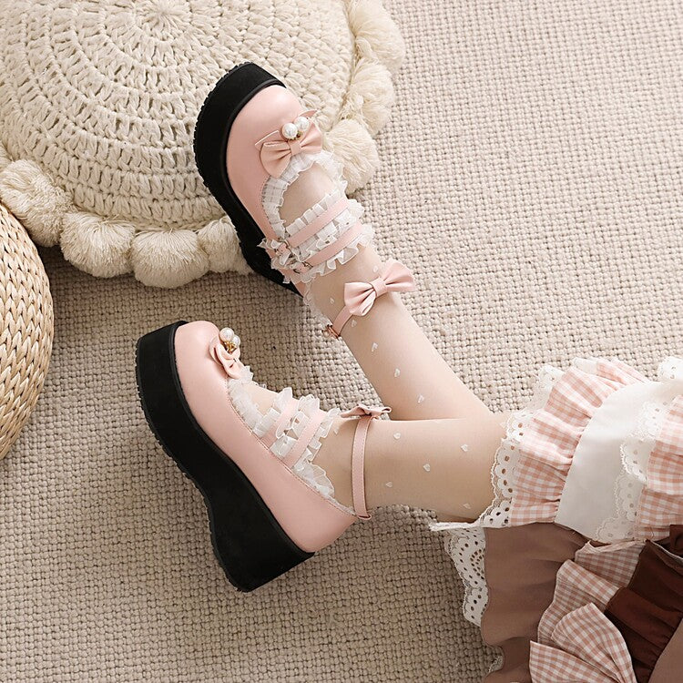 Women's Lace Bow Tie Pearls Wedge Heel Platform Pumps