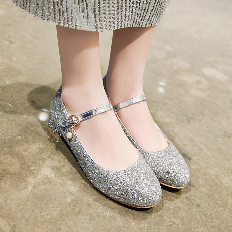 Women's Sparkling Sequins Shallow Mary Janes Rhinestone Flat Pumps