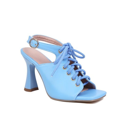 Women's Square Toe Lace-Up Slingbacks Spool Heel Sandals