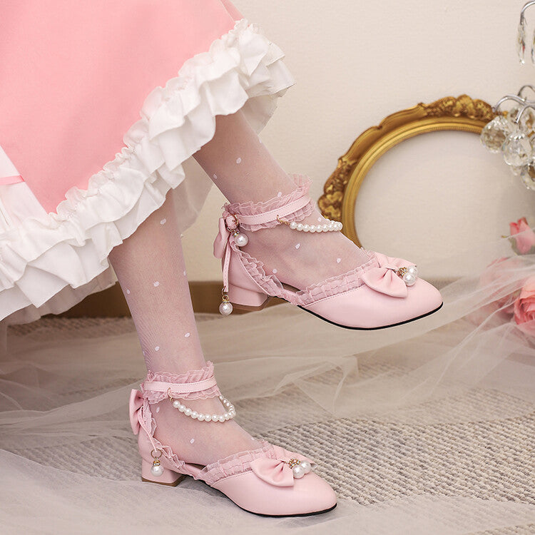 Women's Lace Pearls Bow Tie Block Chunky Heel Sandals