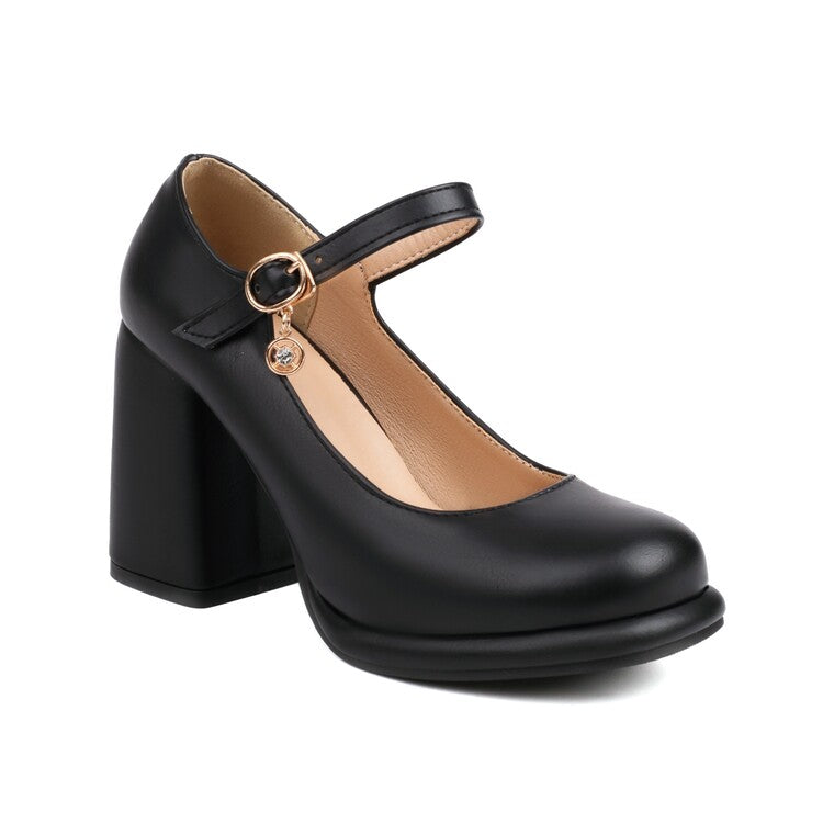 Women Round Toe Shallow Mary Janes Block Chunky Heel Platform Pu