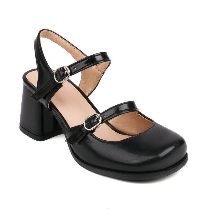 Women's Square Toe Shallow Buckle Straps Mary Janes Block Ch