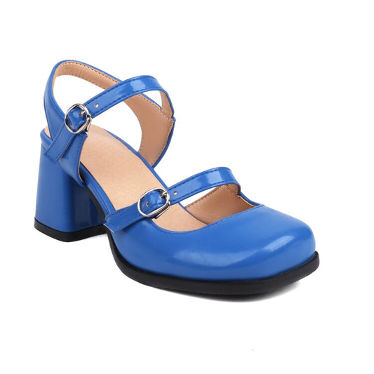 Women's Square Toe Shallow Buckle Straps Mary Janes Block Chunky Heel Platform Sandals
