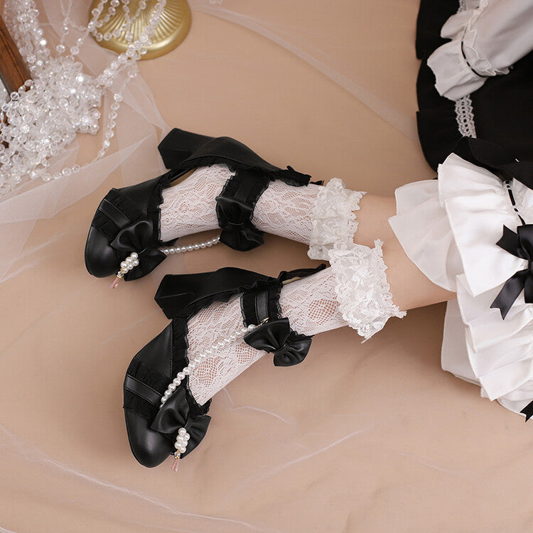 Women's Pearls Lace Bow Tie Block Chunky Heel Sandals