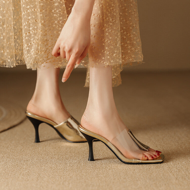 Women's Metal Patent Clear Spool Heel Slip On Slides Sandals