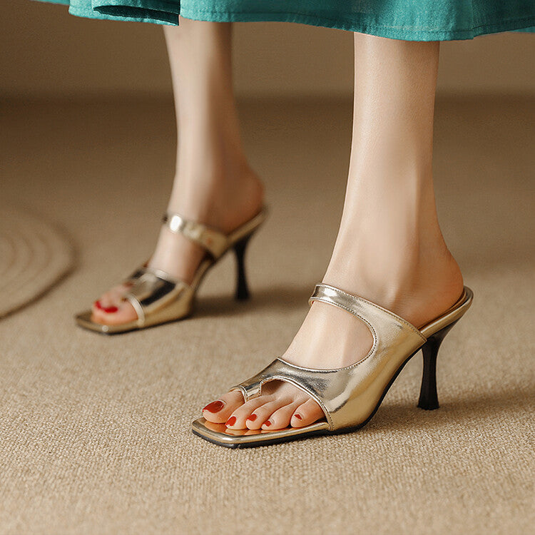 Women's Patent Spool Heel Slip On Slides Sandals