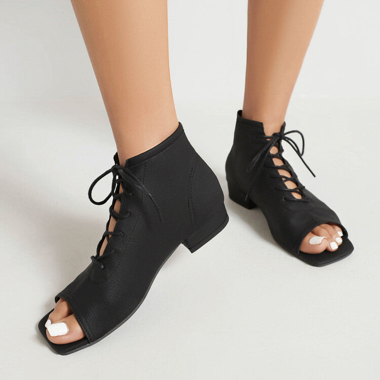 Women's Square Open Toe Lace-Up Flat Sandals