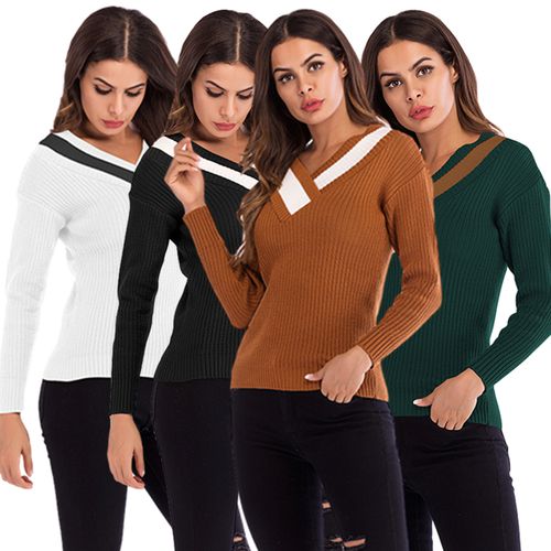 Contrasting Casual Sweater Women's Spring Cross V-neck Slim Sweater