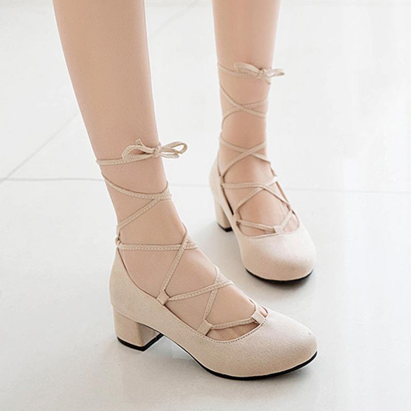 Lady Thick-heeled Middle-heeled Laces with Shallow-mouthed Woman Pumps Shoes