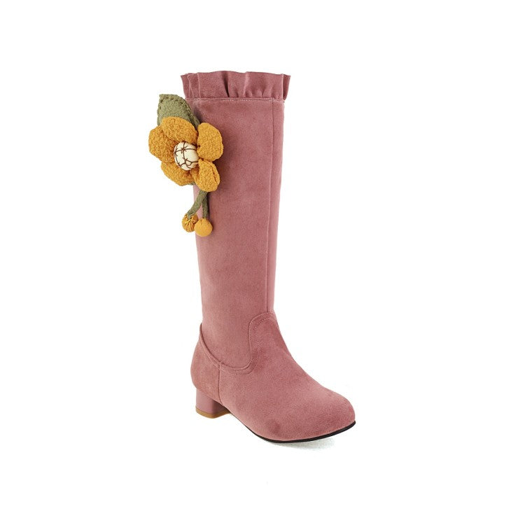 Women's  Flower Low Heel Mid Calf Boots