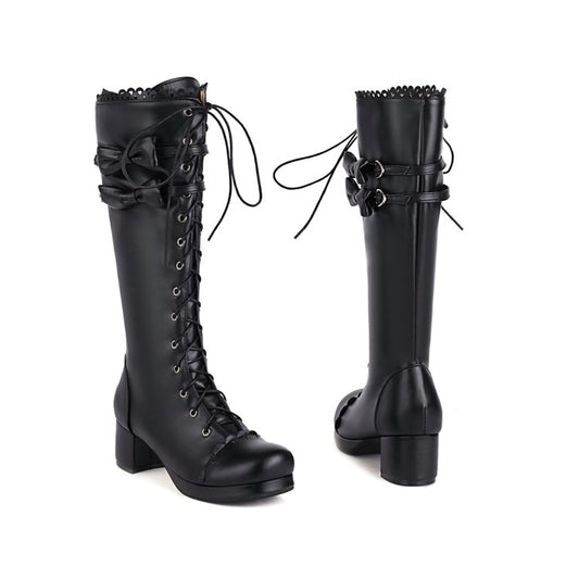 Womens' Lace Up Back Bow Heels Knee High Boots