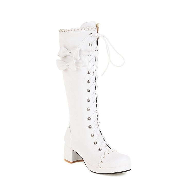 Womens' Lace Up Back Bow Heels Knee High Boots