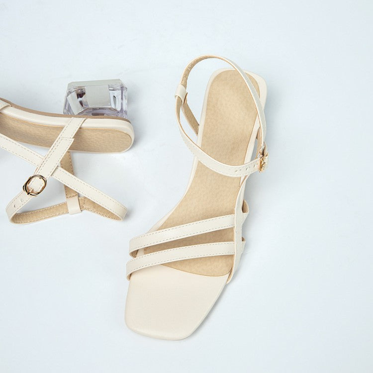 Women's Square Toe Ankle Strap Medium Block Crystal Heel Sandals