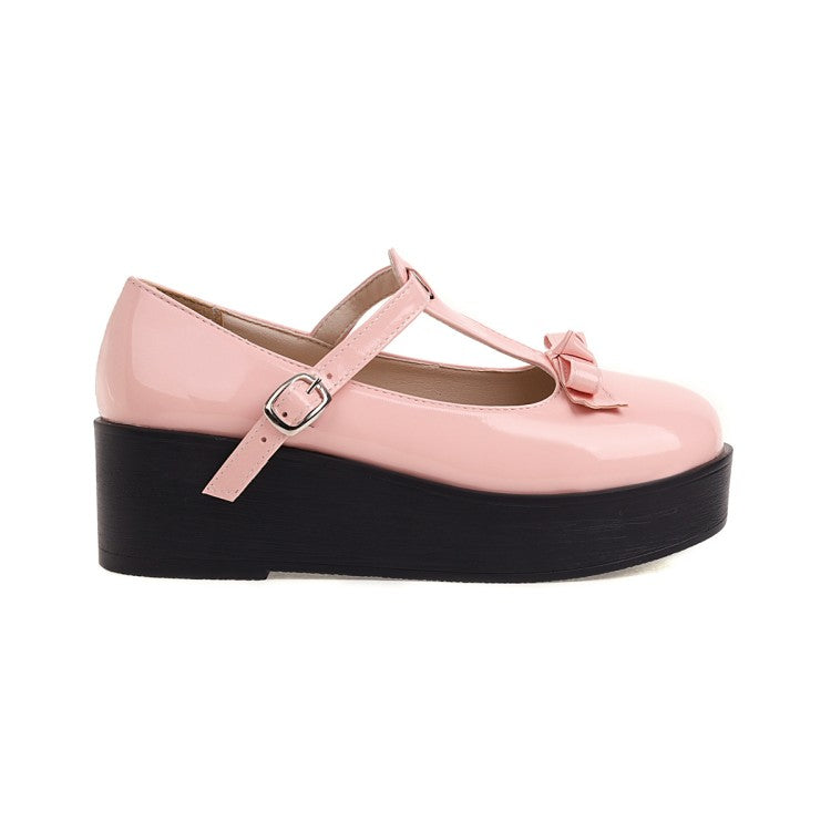 Women's T Strap Bowtie Mary Jane Platform Flats Shoes