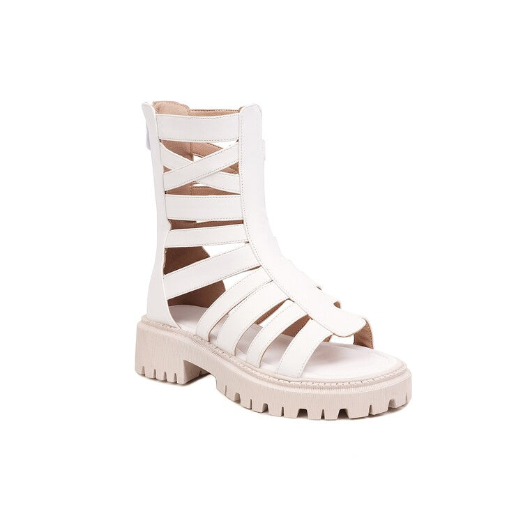 Women's Solid Color Hollow Out Low Block Heels Gladiator Sandals