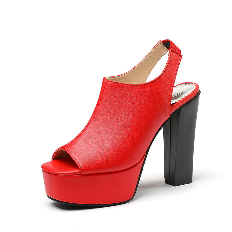 Women Color Contrast Peep Toe Platform Chunky Heel Sandals