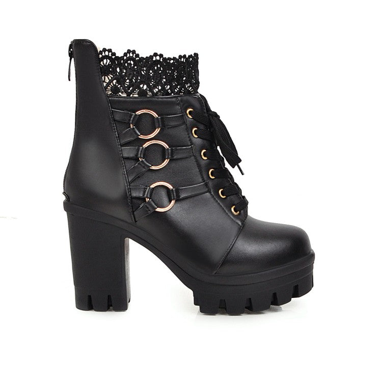 Women's Lace Up Buckles Lace Chunky Heel Platform Ankle Boots