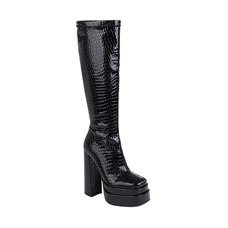 Women's Crocodile Pattern Pu Leather Side Zippers Chunky Heel Platform Knee High Boots