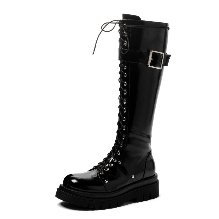Women's Pu Leather Lace Up Side Zippers Belts Buckles Knee High Boots