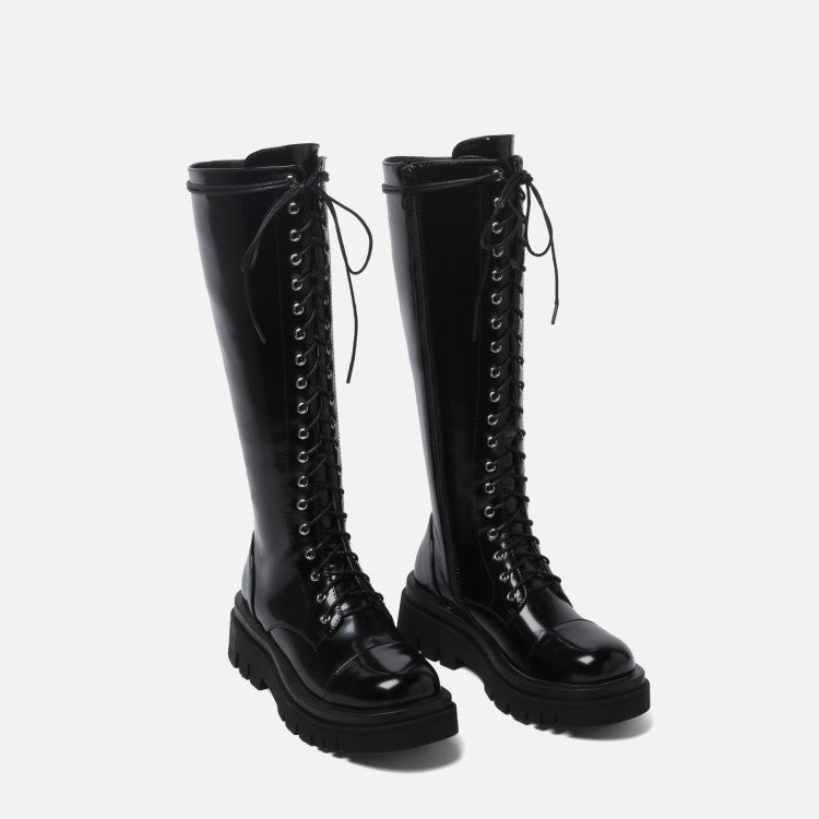 Women's Pu Leather Lace Up Side Zippers Knee High Boots