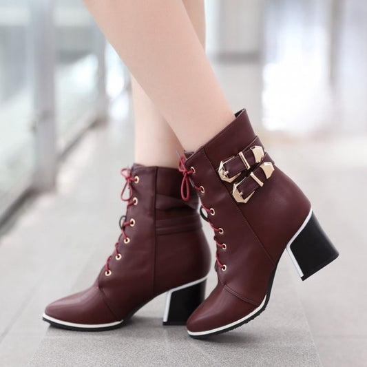 Pointed Toe Lace Up Short Boots Plus Size Women Shoes 4172