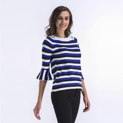 Horn Sleeve Striped Sweater Women's Spring Trim Round Collar Mid-sleeve Knitwear