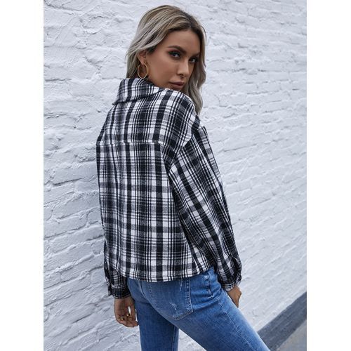 Retro Turn-down Collar plaid Woolen Women Jackets