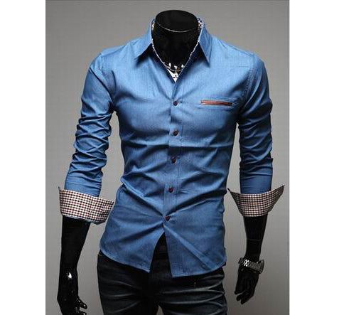 Casual Style Lapel Collar Pockets Design Bleach Wash Long Sleeves Denim Shirt For Men 9578