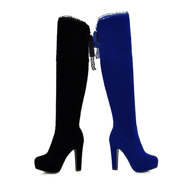 Women's Suede Side Zippers Lace Chunky Heel Platform Over the Knee Boots