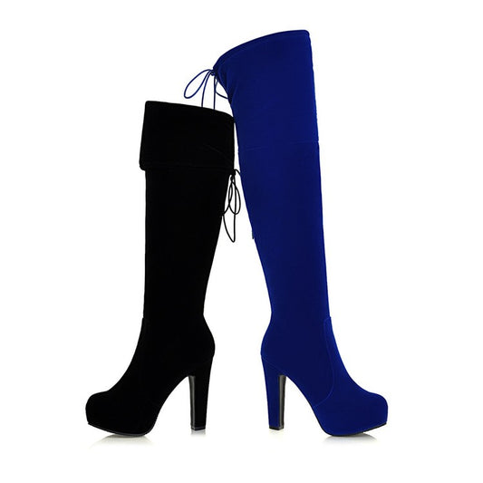 Women's Fold Suede Back Tied Platform Chunky Heel Over the Knee Boots