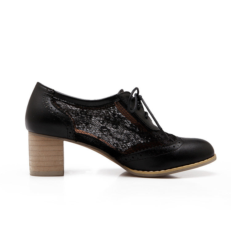 Women's Pu Leather Round Toe Tied Belts Lace Carved Flora Block Heel Chunky Heels Oxford Shoes