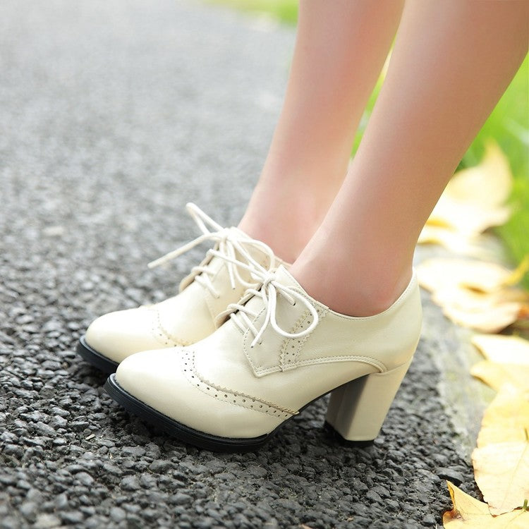 Women's Pu Leather Stitching Lace Up Block Heel Oxford Shoes